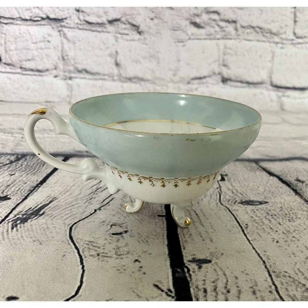 Vintage Hand Painted Rose Motif Japan Blue‎ Porcelain Teacup Gold Accents
